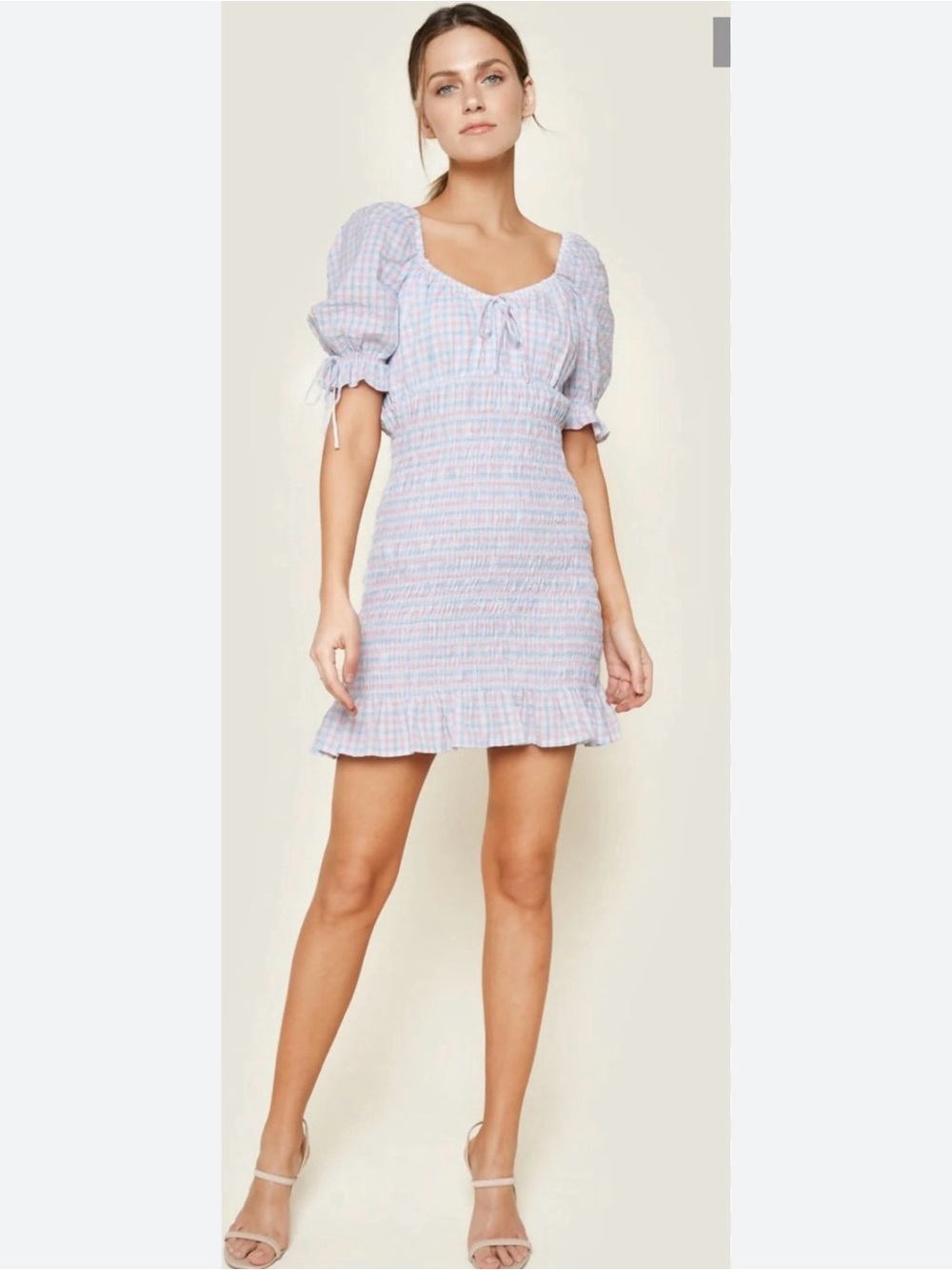 Sugar Pastel Lavender Check Smocked Puff-Sleeve Mini Dress